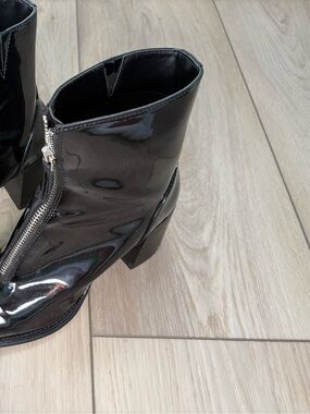 Shiny Black Patent Ankle Booties with Front Zip